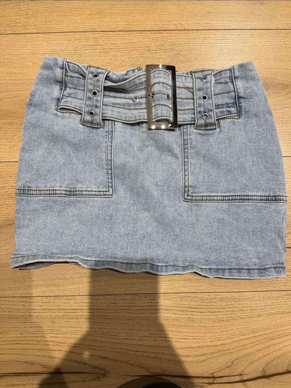 Edikted Light Blue Denim Mini Skirt with Buckle Waist